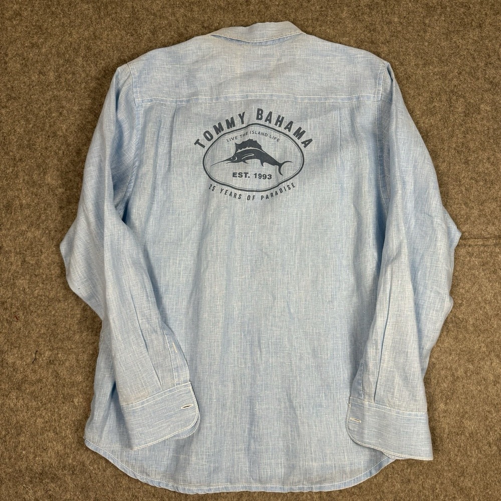 Tommy Bahama Shirt Mens Medium Blue Linen Beach Camp Island Paradise Hawaiian